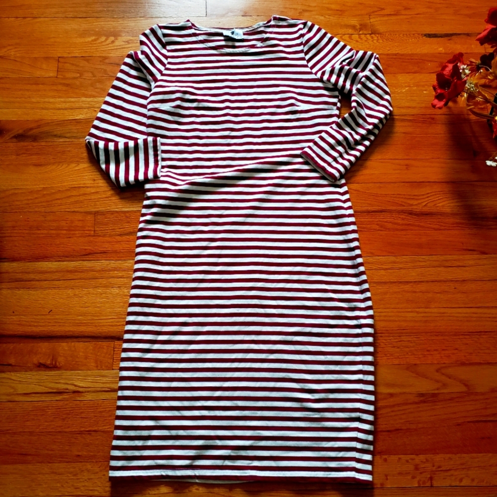 Danty Jewells burgundy/white stripes long short sleeve large dress